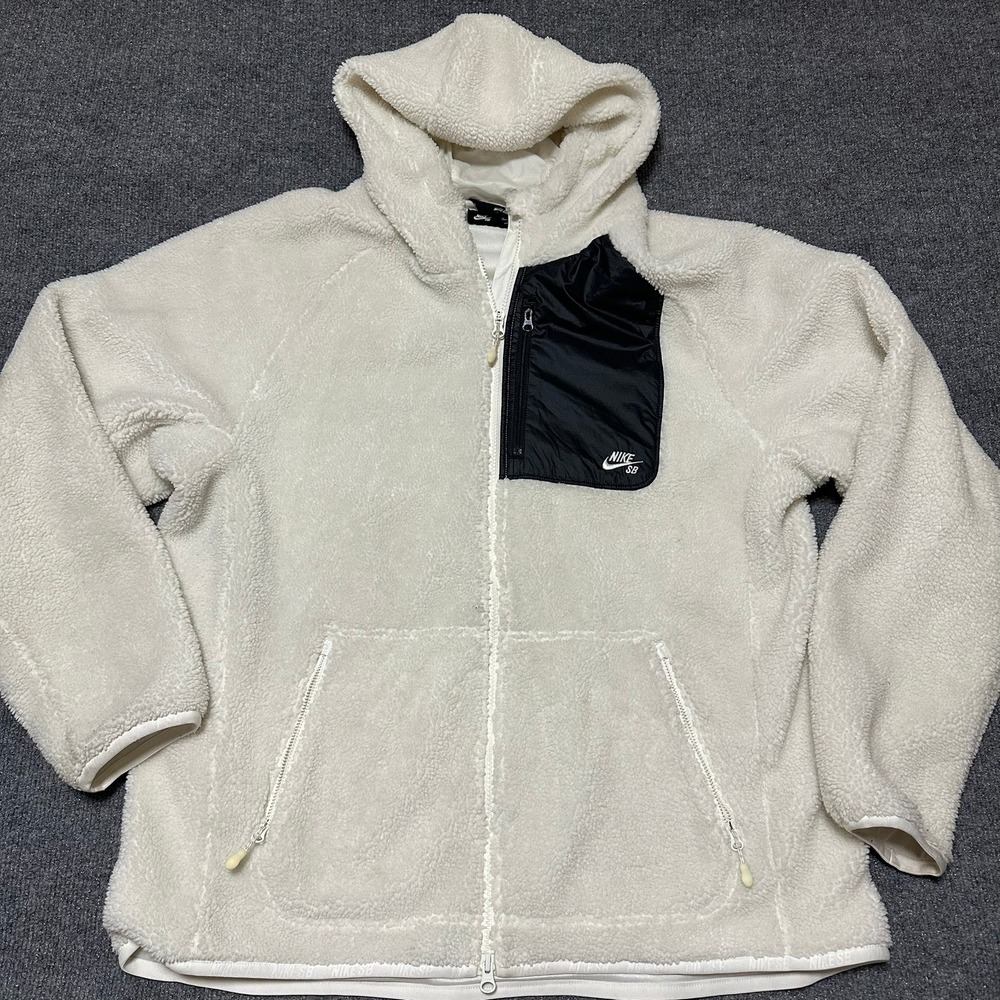 Nike SB Mens Sherpa Fleece Full Zip Hoodie Off White Cream Black XL